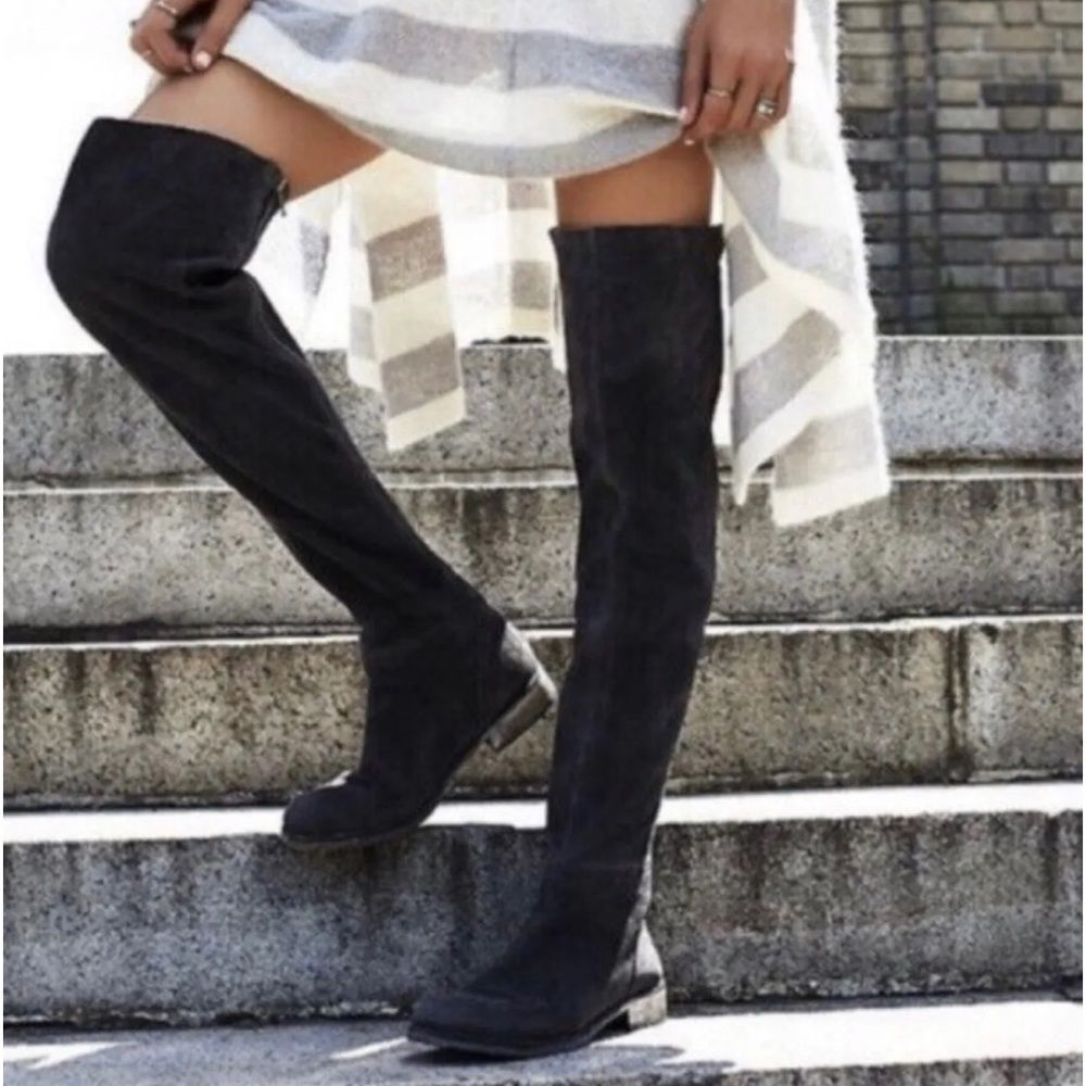 Free People Carson Over The Knee Boots Black Stretch Suede Zipper